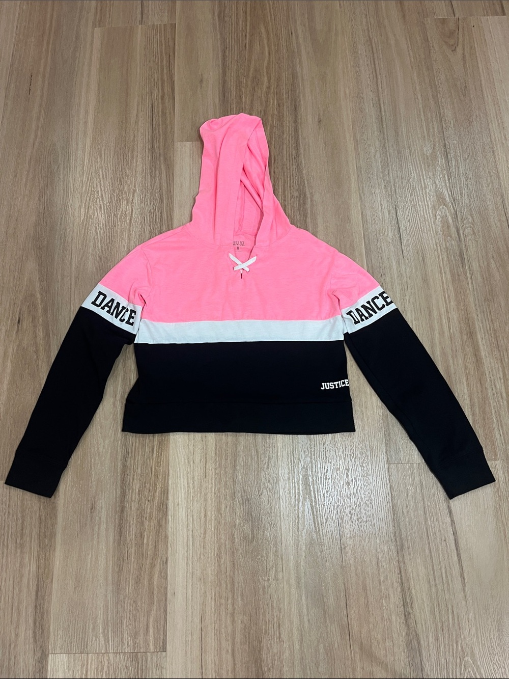 Justice Active Crop Dance Lightweight Pink, White, Black Colorblock Hoodie, Sz 8